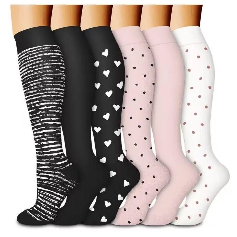 Women's 6 Pairs Multicolor Floral Knee-High Compression Athletic Socks, Professional Quick-Drying Breathable Calf Support Socks for Running Fitness, Multicolor Athletic Sock