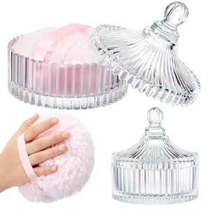 Extra Large Dusting Powder Puff and Container for Women-6'' Glass Crystal Dusting Powder Container with 5.91'' Body Soft Washable Reusable Velour Face(Clear,Classic)