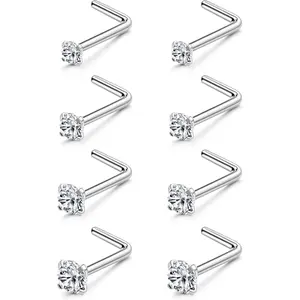 LOYALLOOK 8counts Nose Rings Studs Titanium Nose Rings 20G/18G Corkscrew Nose Ring L Shape Nose Studs Diamond CZ Silver Gold Nose Screw Rings Studs Hypoallergenic Nose Piercing Jewelry 1.5mm 2mm 2.5mm 3mm Gauge Size Trendy Modern Fashion