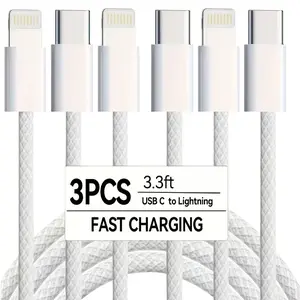 Mfi Certified 3pcs Braided Cables, Type-C to Lightning Data Cable Fast Usb Charging for iPhone 14 13 12 11 Pro Max, Anti-Tangle, Copper Alloy Core