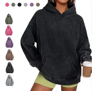 Sunland Hoodies For Women 400G Oversized Unisex Acid Wash Hoodie Heavyweight Fleece Vintage Cotton Sweatshirt Men Women Unisex Streetwear