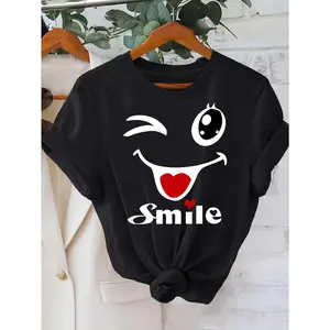 Women's Y2K Happy Face Graphic Tee - Tongue Heart Eyes Cartoon Soft Micro Elastic Washable Crew Neck CasualWomen's Casual Short-Sleeve Tops