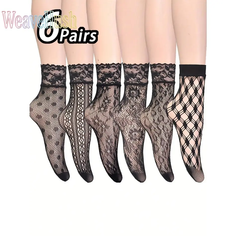Pack of 6, Women's Floral Lace Hollow-Out Fishnet Stockings, Sexy, Stylish, Comfortable, and Breathable Short Socks, Suitable for Everyday Wear, Women's Summer Socks, Casual and Comfortable Socks, Women's Clothing, Breathable and Soft Socks