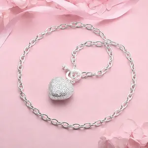 925 Sterling Silver Plated Tone Puffed Heart Toggle Necklace for Women, Trendy Layering Heart Pendant, Statement Everyday Jewelry Birthday Party Jewelry Necklace Accessories