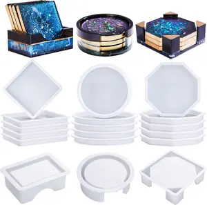 18 Pcs Coaster Resin Molds Silicone, Coaster Molds with Round Square Octagon Shape Holder Molds for Epoxy Resin, DIY Art Craft Cup Mats