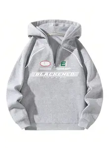 Men's Racing Pattern Print Drop Shoulder Long Sleeve Half Zip Up Hoodie, Loose-Fitting Fashion Casual Hooded Sweatshirt for Daily Holiday Outdoor Wear, Men Clothes for Spring & Fall