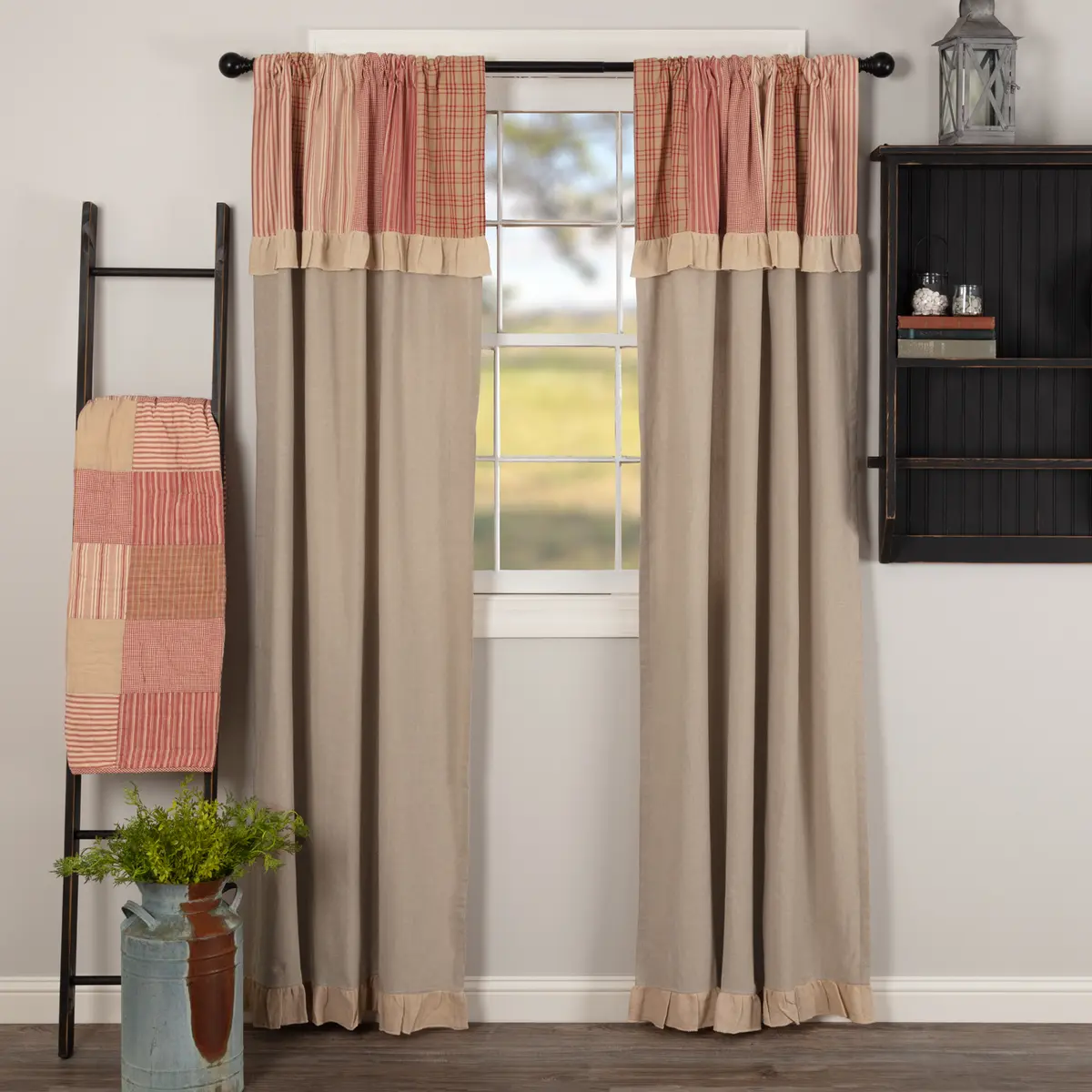 Farmstead Red Patchwork Curtain Panels, Machine-Sewn Home Decoration Curtains for Window Hanging with Country Charm, Home Decoration Curtain, Accent Details Curtains