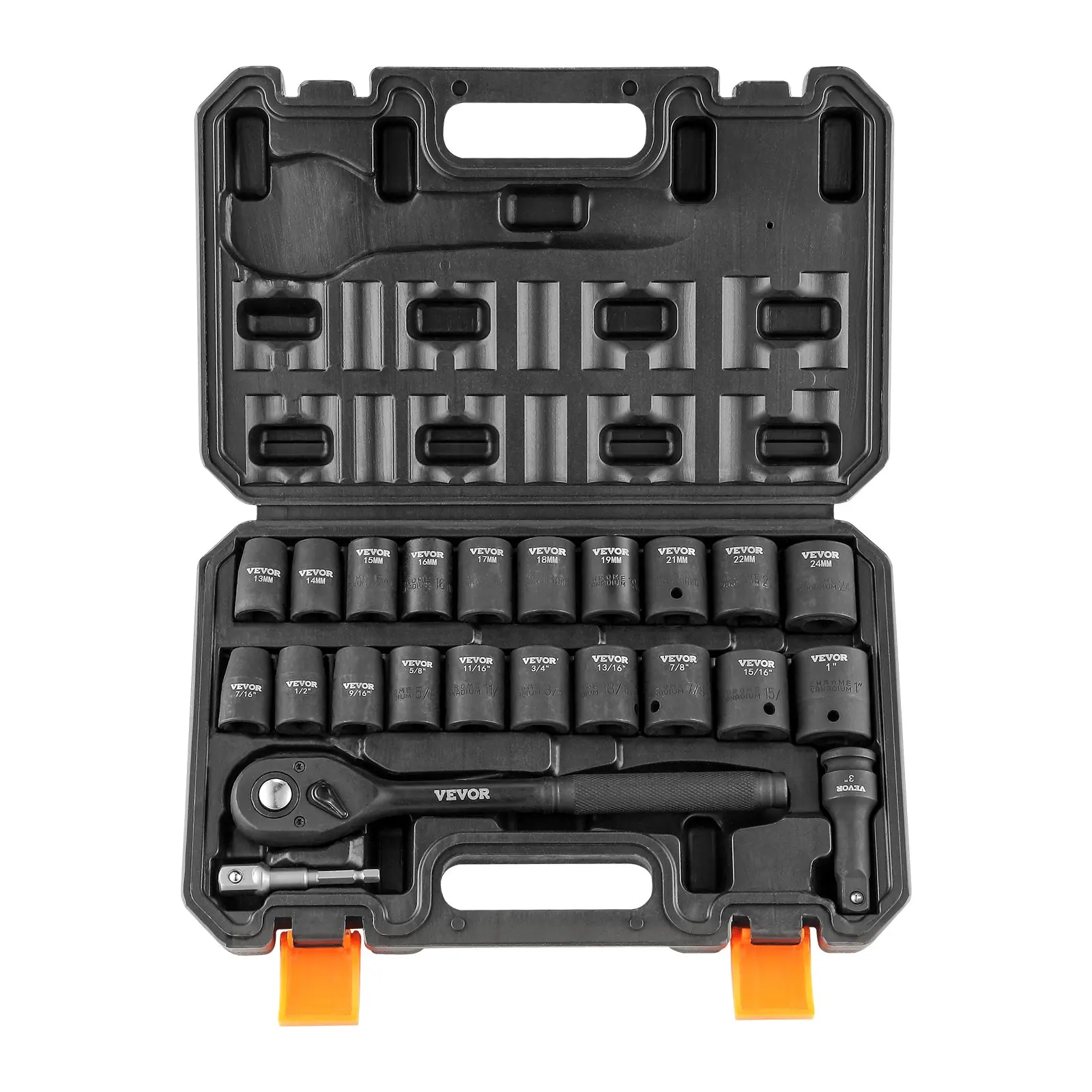 【Summerfinds】VEVOR 1/2" Drive Impact Sockets Set23-Piece Hand Tools Socket Wrench Set with Ratchet HandleSAE 7/16"-1" & Metric 13-24mm 6-Point Cr-V Alloy SteelHeavy Duty Wrench High Torque Tool for Auto RepairRugged Storage Case, Cr-V Socket Wrenches