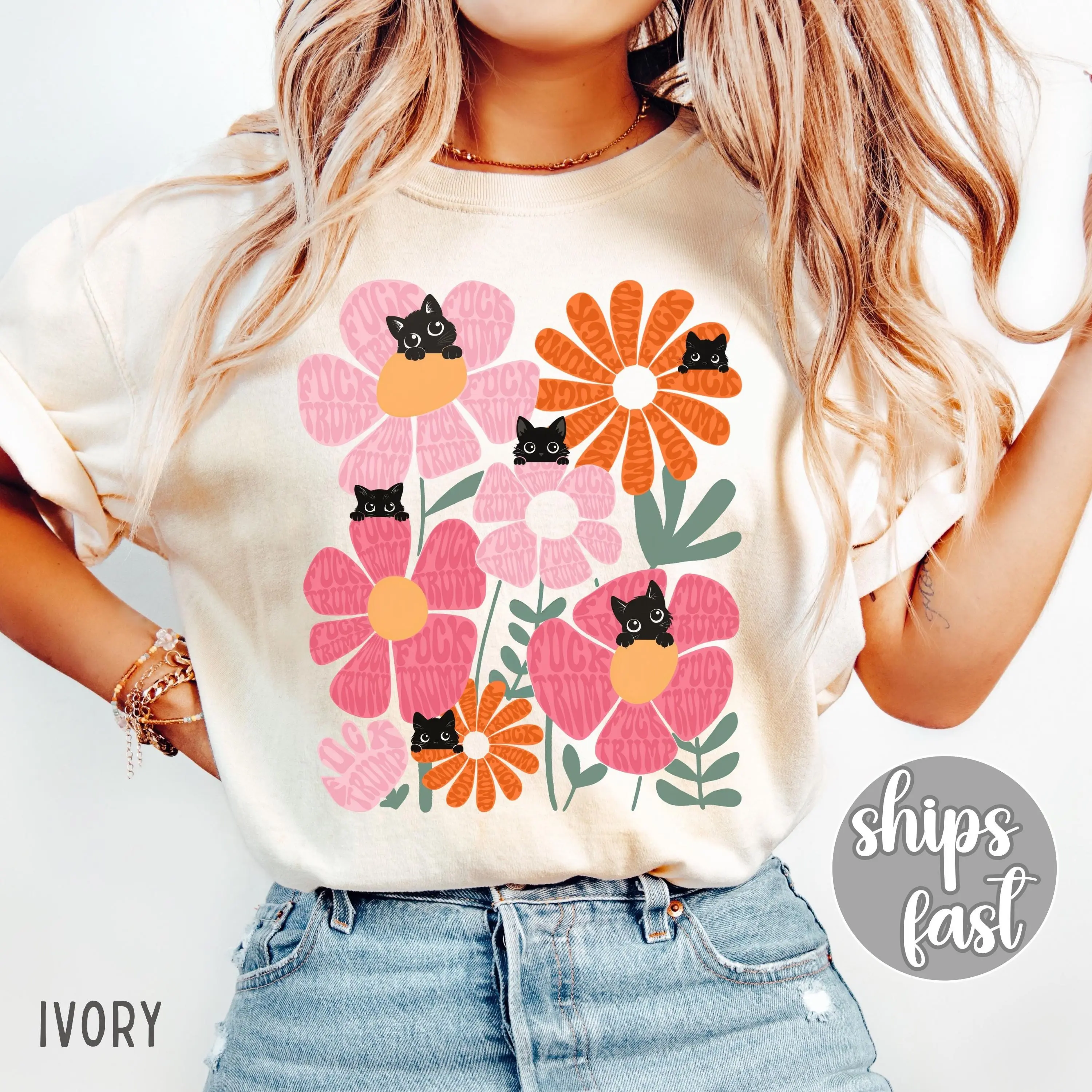 Anti-Trump Hidden Message Floral Cat Shirt: Subtle Antifascist Retro Tee