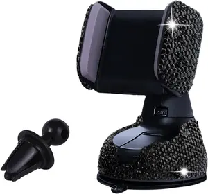 Bling Car Phone Holder, 360°Adjustable Crystal Auto Phone Mount Universal Rhinestone Car Stand Phone Holder Car Accessories for Windshield Dashboard and Air Outlet (Black)