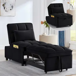 4 in 1 Multi-Function Single Sofa Bed, Pull Out Couch with Adjust Backrest, Tufted Single Pull-Out Sofa Bed with Storage Pockets and 2 Pillows, Velvet Chaise Lounge for Bedroom Living Room (Black)