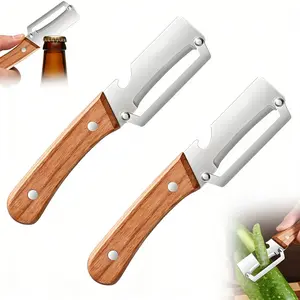 Premium Vegetable Peeler with Wooden Handle, 2-In-1 Stainless Steel Kitchen Tool, Vegetable Peelers for Kitchen, Bottle Opener, for Fruit Apple Potato Pumpkin Papaya, 2 Pcs