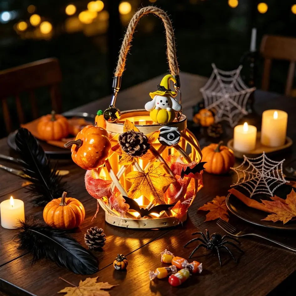 Halloween Pumpkin Basket Lantern Light, Rustic Fall Harvest LED Basket Decor with Pumpkin, Maple Leaves and Warm Glow, Spooky Tabletop Decoration for Home, Party, Dining Table, Front Porch,Thanksgiving Decor and Holiday Gift,Halloween Rattan Lantern Kit