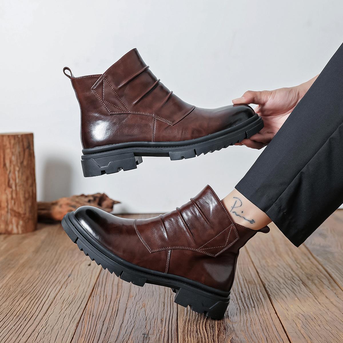 Men’s new high-top shaft boots—fashionable, versatile boots; trendy casual men’s shoes; all-season fashion boots with thick soles.