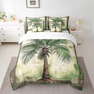 Feelyou 7-Piece High Tenacity Green Palm Tree Print Bedding Set - Breathable Quilt, Machine-Washable Palm Leaf Comforter Set with Sheets, Beach Theme Bed-in-A-Bag for Kids (Multi-Size)