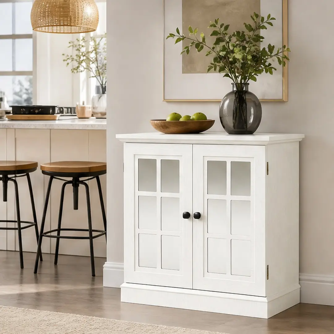 Storage Sideboard Cabinet with 2 Acrylic Mirrored Doors Adjustable Shelf for Dining Room Living Room Kitchen MDF White 3D Wood Grain Finish Metal Handles Anti-Tip Safety, Black OAK/White/White OAK Color Options, MDF Material, Color: White