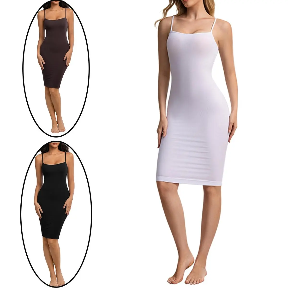 SUPRENX Women's Ribbed Spaghetti Strap Square Neck Cami Slip Dress - Adjustable Fabric, Smooth Seamless Thin, Light Compression Underdress, Non-See-Through Bodycon Fit Midi, Ultra-Soft Wrinkle-Resistant Machine-Washable All-Season Layering/Everyday Wear,,