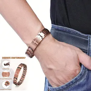 1-piece set of copper magnetic bracelet, men's double row magnet, with cross pattern chain, adjustable chain suitable for fathers and grandfathers with Perfect Valentine's Day gift Red copper magnetic bracelet Jewelry and Gifts