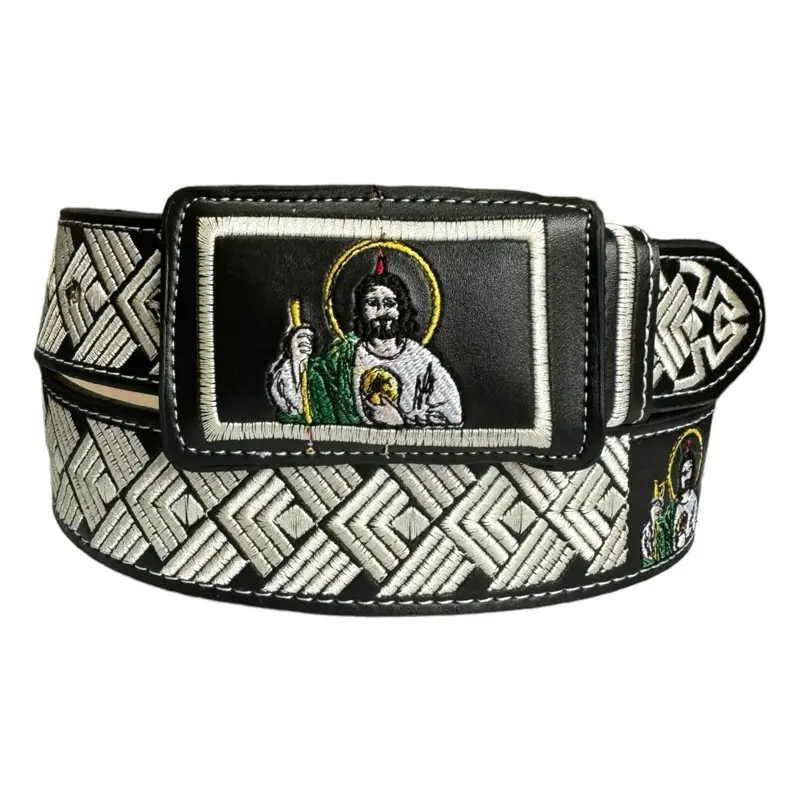 Cinto Vaquero Bordado Piteado San Judas de Piel Negro Black Western Style Embroidered Leather Belt Saint Jude
