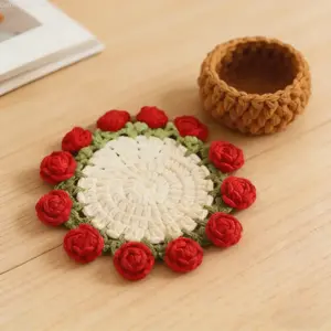 Handmade Crochet Coaster Set with Mini Basket -Boho Floral Coasters Soft Rose Flower Bouquet Knitted Decorative Coasters ,for Coffee Table, Wedding Gift, Housewarming, Home Decor,Birthday Vintage Rose Design