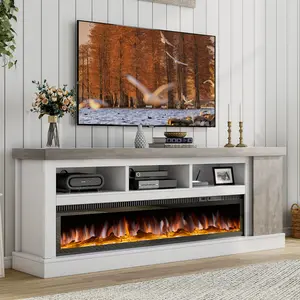 AMERLIFE 75" Fireplace TV Stand with 60" Glass Electric Fireplace, Color Contrast Farmhouse Entertainment Center with Storage for TVs Up to 85"