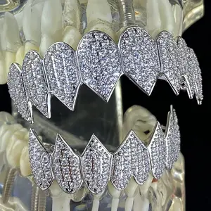 Shark Grillz Set - 8 Top & 8 Bottom Iced Out with CZ Stones & Silver Tone for Men