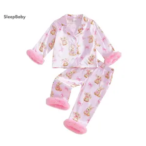Girls Easter Pajama Sets Long Sleeve Lapel Button Up Bow Rabbit Print Shirt Pants Adorable Letter Print Baby Sleepwear