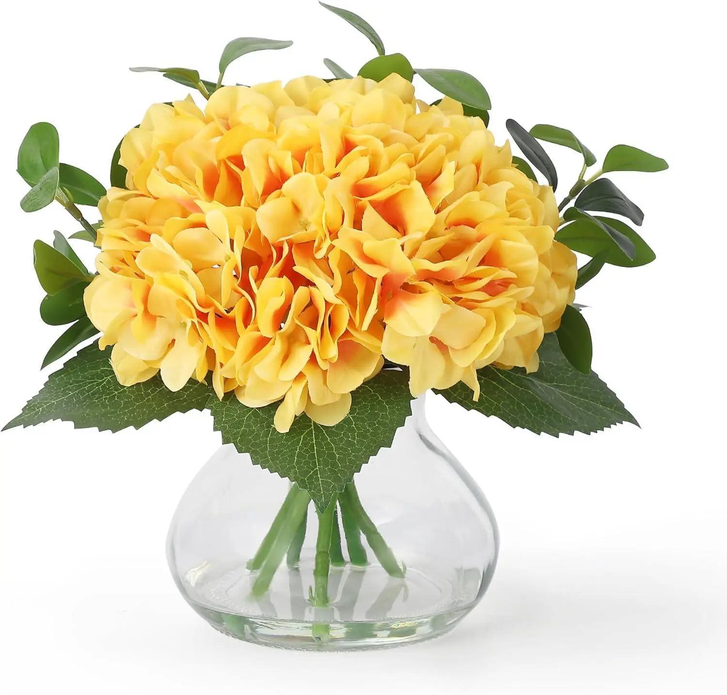 Gaomon 7-Piece Fade-Resistant Silk Hydrangea Artificial Floral Set - Real-Touch Faux Bouquet in Glass Vase with Faux Water, for Wedding Centerpieces, Home Table Decor, Seven Pieces