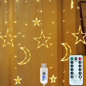 USB 138 Led Curtain String Light Star Moon Icicle Light with 8 Lighting Modes with Timer Remote USB Operated Dimmable Fairy String for Window Wall Home Decoration