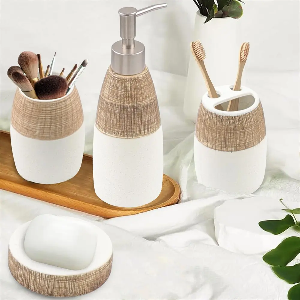 4 Pcs Brown & White Ceramic Bathroom Set | Toothbrush Holder, Rinse Cup, Soap Dish | Vanity Decor & Housewarming Gift | Bathroom Decoration Accessories, Bathroom Accessory Sets