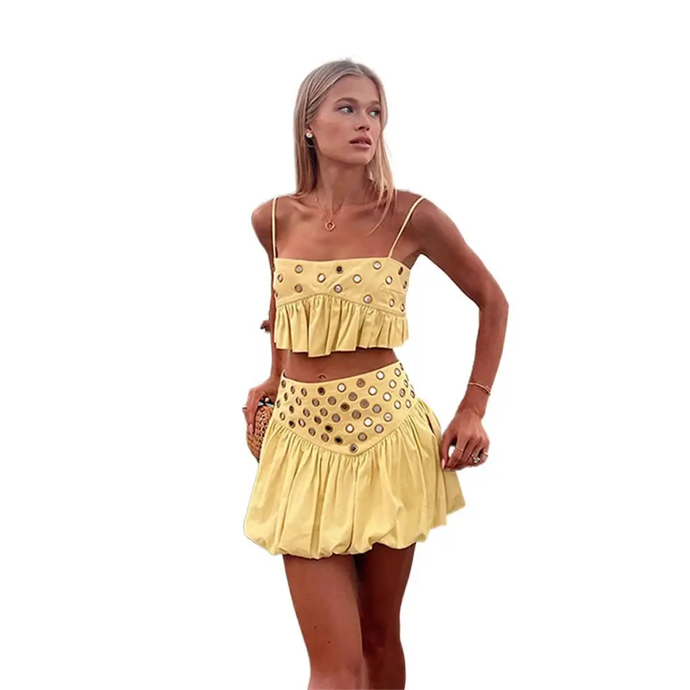 Women's Composite 2-Piece Cami & Mini Skirt Set - Sleeveless Solid Color, Metal Detail, Ruched Hem, Soft Fitted, Elegant Chic Casual Sexy Going Out Outfit for Summer Party, Basic Beach Matching Skirt & Top Sets, Casual Sexy Skirt & Top Sets