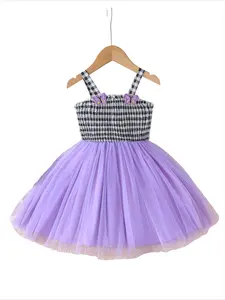 Little Girl Casual Summer Dress, Sleeveless Plaid Smocked Top & Purple Tulle Skirt with Butterfly Decor, Cute Style