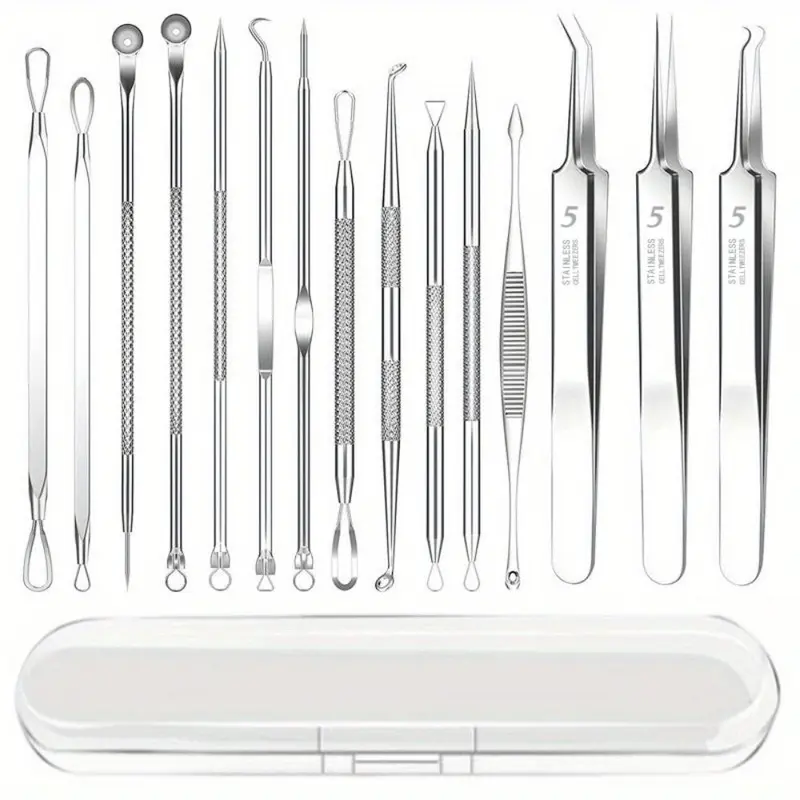 Stainless Steel Pimple Popper Tool Set, Blackhead Cleaning Tool, Facial Blackhead Remover, Pimple Tweezers, Professional Acne Extractor, Skin Blemish Removal Tool for Forehead Nose Face, Blackhead Cleansing Tool, Facial Care Tools, Beauty Equipment