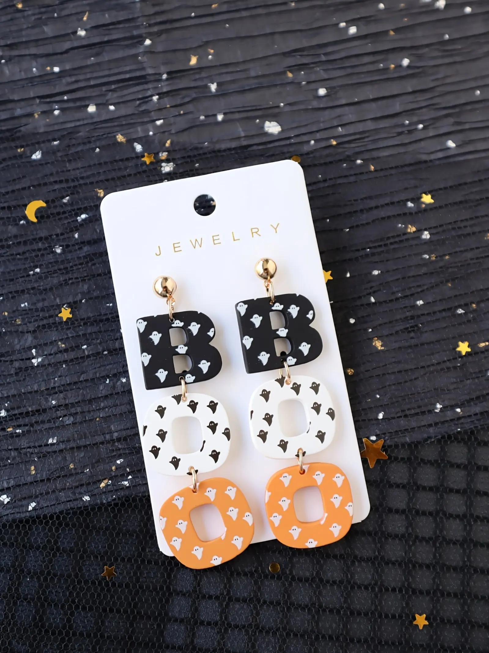 Halloween Acrylic Drop Dangling Earrings Cute Ghost Print BOO Dangle Fun & Quirky Party Accessory, Hypoallergenic Stainless Steel Ear Needle, No Plating - All Seasons Festive Jewelry Gift