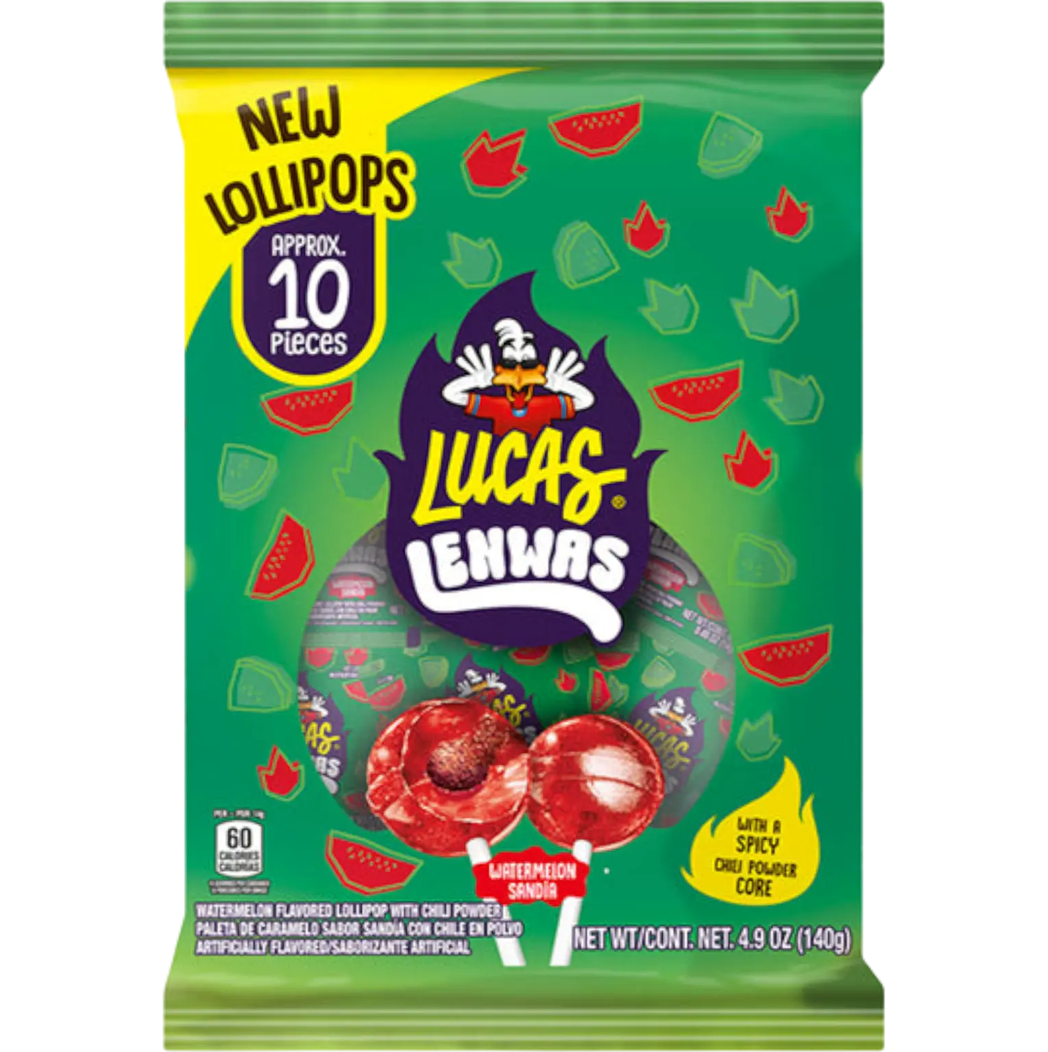 Lucas Lenwas Watermelon Lollipops 10CT 4.92 OZ with Spicy Chili Powder Core Sweet Snack (80135)
