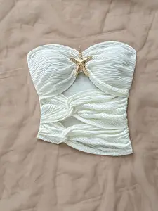 Women's Vacation Knitted Texture Fabric Slim Fit No Shoulder Top, Stylish Casual Wear, Perfect for Summer