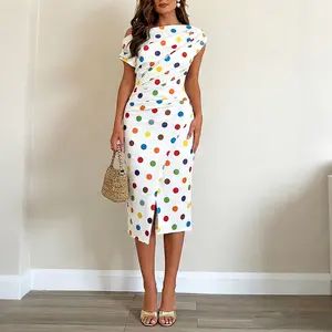 CHICME Women's Skew Neck Midi Dress Colorful Polka Dot Ruched Bodycon Dress Elegant Slit French Style Wrap Vacation Dress
