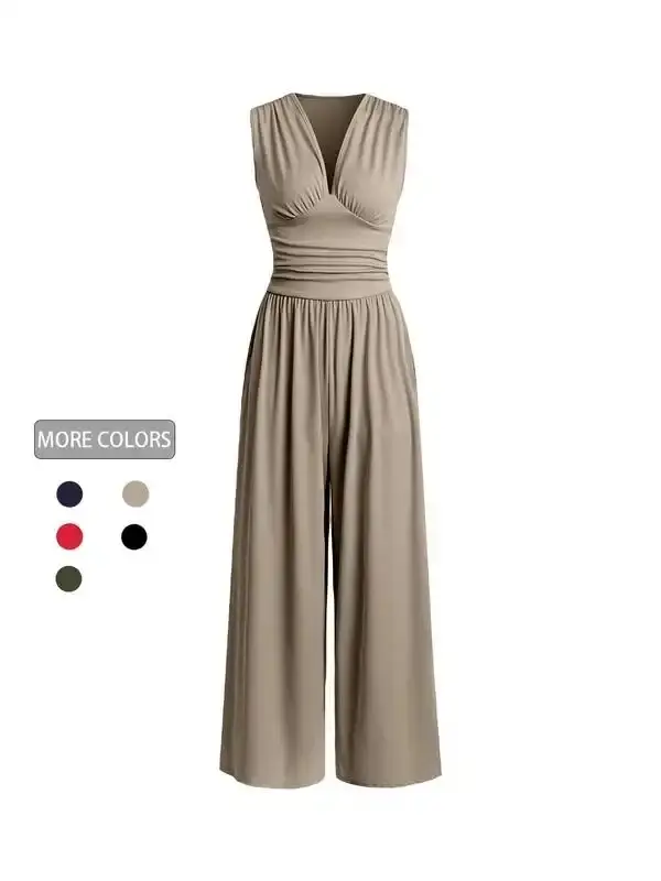 Women's Plain Ruched Deep V Neck Wide Leg Jumpsuit, Casual Sleeveless Jumpsuit for Daily Wear, Jumpsuit for Women, Ladies Clothes for All Seasons, Minimalist Onesies, Jumpsuits for Women, B Shaped Stomach Outfits,  Curve Fashion