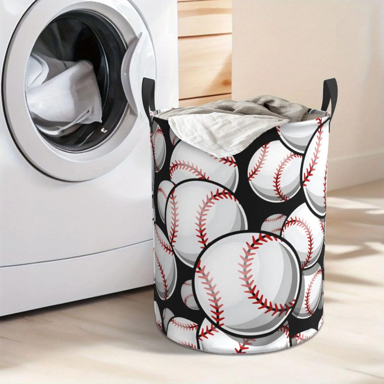 Baseball Pattern Laundry Hamper  Portable Storage Hamper with Sturdy Handle， Oxford Cloth， Easy to Store and Collapsible Design， Laundry Baskets