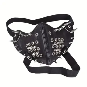 PU Leather Motorcycle Cyberpunk Mask Cosplay with Spikes Design, Punk Rock Style Adjustable Strap for Halloween & Easter Costume Parties, Party Event Props