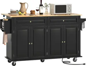 63"/59.1"/55"/51.2" Movable Kitchen Island with Drop Leaf and Power Outlet, Rolling Island Cart w/Storage Cabinet, Island Table on Wheels for Kitchen w/2 Drawers, Spice Rack, Towel Bar, Garage Hook, Black/White