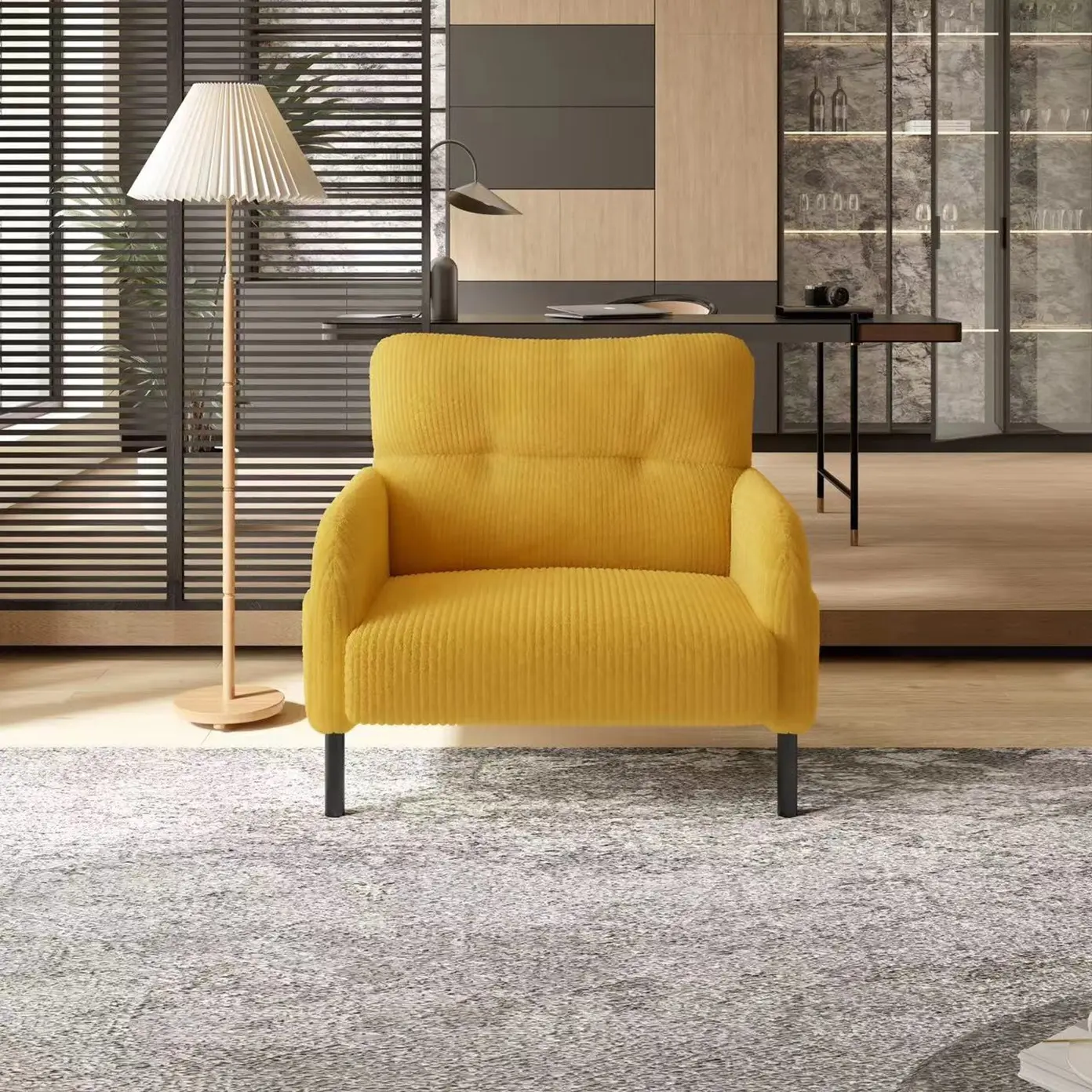 Single Person Modern Ribbed Fabric Corduroy Rolled Accent Chair - Upholstered Comfy Chair with Solid Frame, Supportive Sitting Deep Seat Couch for Living Room, Bedroom, Rolled Arms