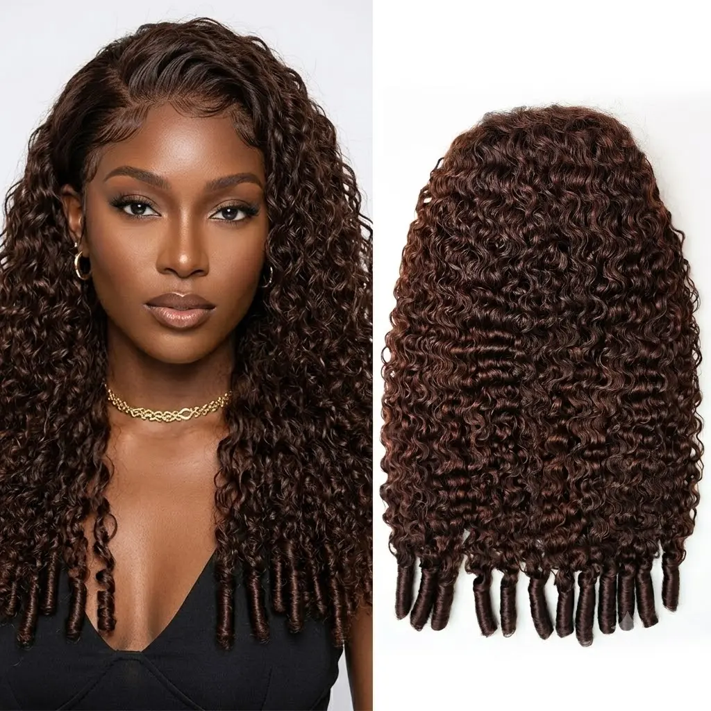 Perismoda 250% Density Burmese Curly Human Hair Half Wig Chocolate Brown Spiral Curly Ends 3 In 1 Seamless Flip Over Glueless Drawstring Wig, Beginner Friendly Curly Wig for Women Daily Wear