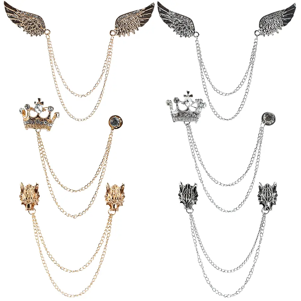 Men's Tassel Chain Brooch Collar Pins Set (6 Pieces) - Wings, Wolf Head, Crown Designs for Wedding, Business Office Use & Gift-Giving