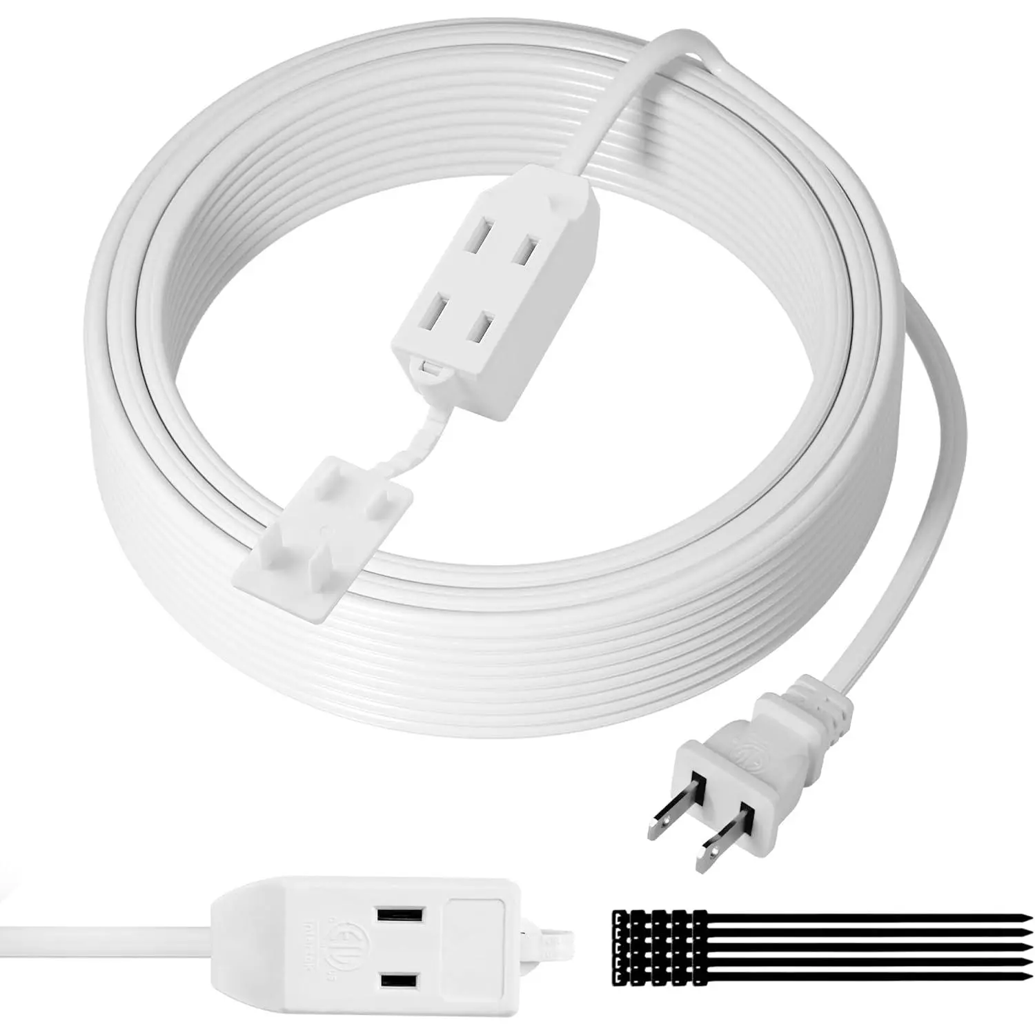 2-Prong Flat Power Cord Accessories, 25 FT 3-Socket Cable with Tamper Proof Guard, 16 AWG OFC Wire, 13A/125V ETL Listed Outlet Saver, White Universal Plug Compatibility, Includes 25 Pcs Ties