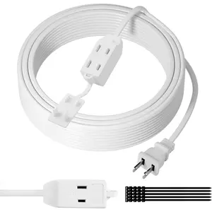 2 Prong Extension Cable 25 FT, Extra Long Power Cord with 3 Outlets, Flat Multiple Outlet Cable with Tamper Guard, ETL Listed, Outlet Saver, OFC, 16 Gauge Wire, 13A/125V, White Cable with 25 Pcs Ties