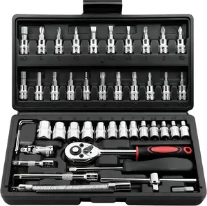 46pcs 1/4 Inch Car Repair Machinery Tools Set, Household Machinery Tools, Socket Wrench Diy Repair Tool Kit, Ratchet Screwdriver Compatible with Car Repair & Bicycle Repair