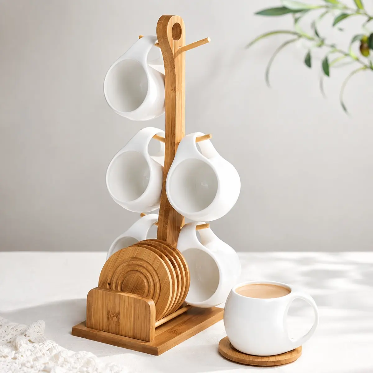 6-Piece Ceramic Coffee Cup & Saucer Set with Bamboo Stand – Heat-Resistant Mugs with Coasters, Modern Aesthetic Tea & Coffee Set for Home, Office, Dining Room – Stylish Holiday Gift for Friends & Christmas