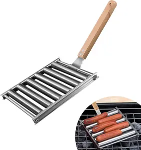 Hot Dog Roller for BBQ Grill Evenly Cook Sausage Roller Rack Stainless Steel Corn Grill with Detachable Wooden Handle for Outdoor Cooking and Barbecue