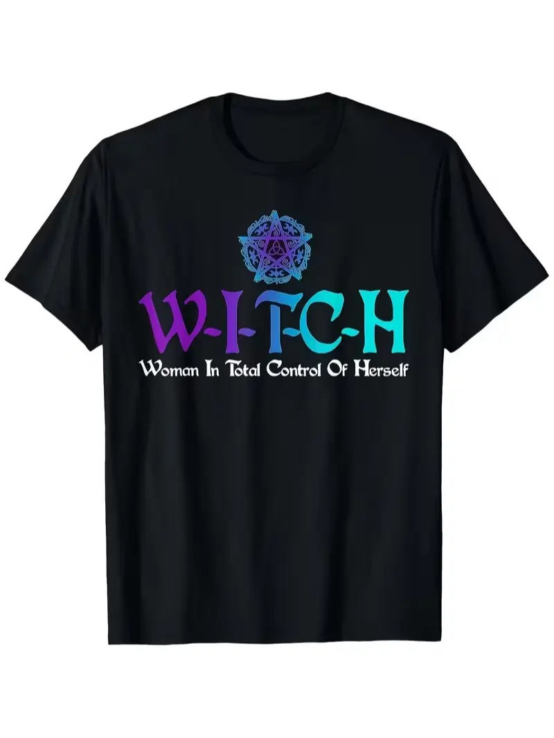 S Empowerment Witch T-Shirt - Woman in Total Control of Herself Slogan & Witch Broom Graphic - Soft Breathable Loose Fit Crew Neck Short Sleeve - Unisex Casual Casual Attire, Halloween &